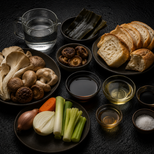 A selection of fresh vegetables, mushrooms, artisanal bread slices, dried seaweed, and liquid seasonings are elegantly presented on dark plates atop a black textured surface, accompanied by a glass of water—all meticulously arranged to highlight the quality and versatility that Fissler cookware brings to every kitchen.