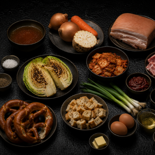 A premium selection of fresh ingredients—cabbage, onions, kimchi, pork, carrots, green onions, pretzels, bread cubes, eggs, butter, celery root—artfully arranged with salt and pepper mills and small bowls of sauces on a dark surface. Perfect for preparing hearty homemade dishes in Fissler’s precision-engineered stainless steel cookware.