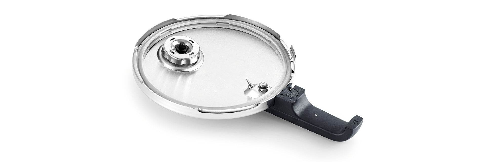 Fissler Schnellkochtopfdeckel aus Edelstahl, schwarzer Griff, Präzisionsdampfventil und Sicherheitsfunktionen. Qualität aus deutscher Fertigung.