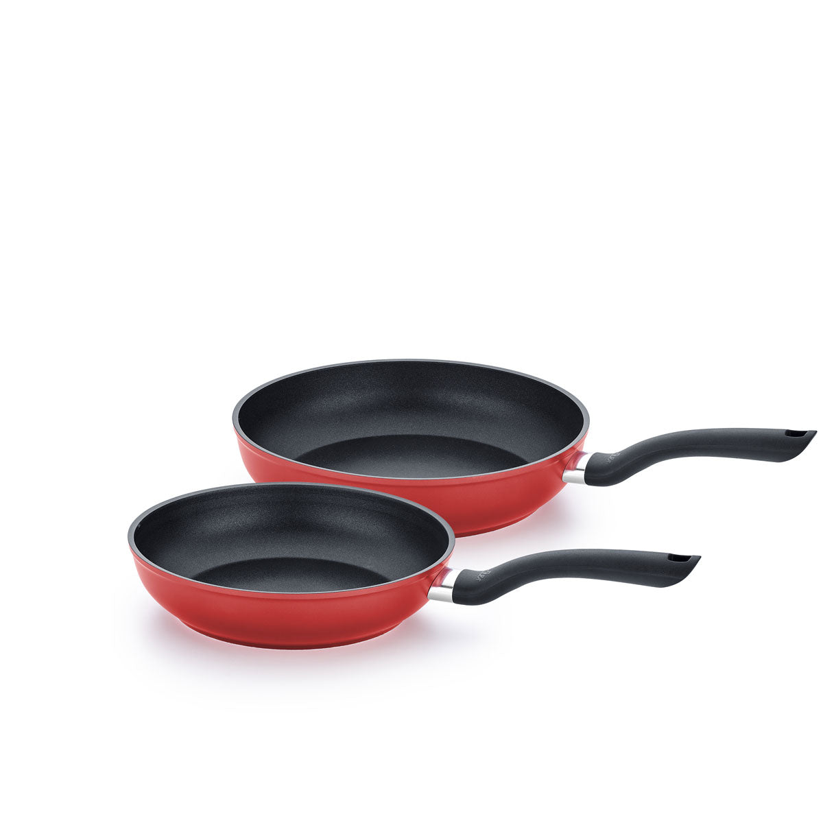 Experience German engineering and timeless design with the Fissler Cenit® Red 2-piece pan set (24 cm & 28 cm), crafted for durability and everyday performance. These pans feature robust black non-stick interiors, ergonomic black handles, striking red exteriors, and induction-compatible bases—shown together on a pristine white background.