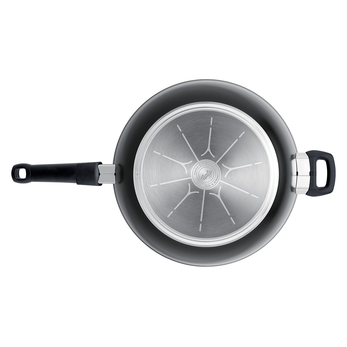 Draufsicht auf den Fissler Ceratal® Wok Orbitschwarz, keramische Antihaftbeschichtung, Induktionsboden, Doppelgriffe. Präzisionsfertigung in Deutschland.
