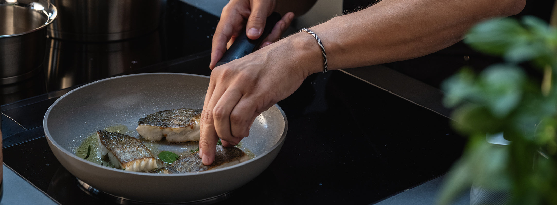 Eine Person kocht Fisch in einer Fissler-Pfanne und richtet die Filets mit einer Zange. Frische Kräuter brutzeln, eine Grünpflanze steht unscharf davor.