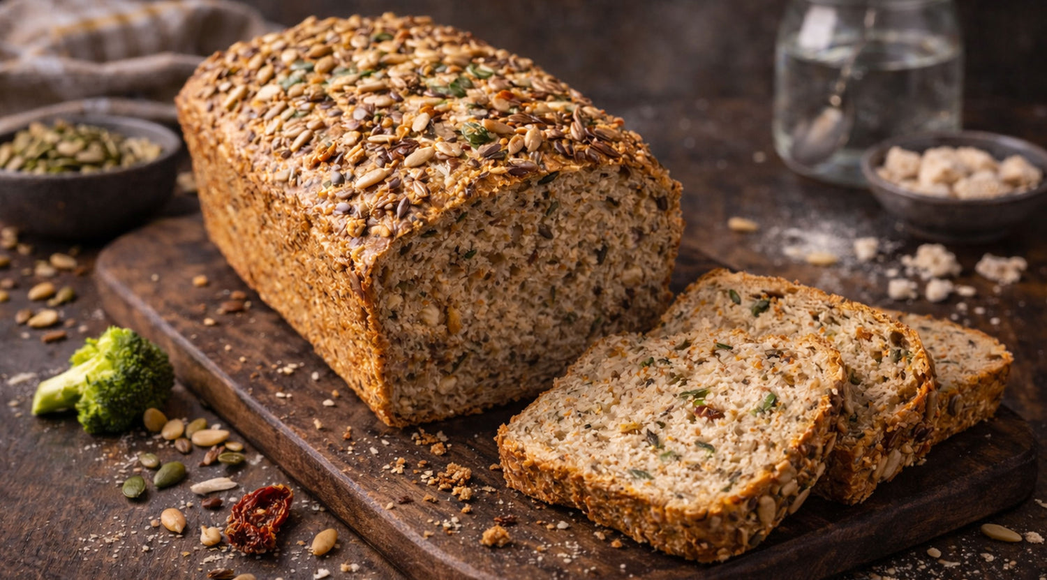 Frisch geschnittenes Mehrkornbrot auf einem Holzbrett, umgeben von Samen und Zutaten, die an Fisslers deutsche Küchentradition erinnern.