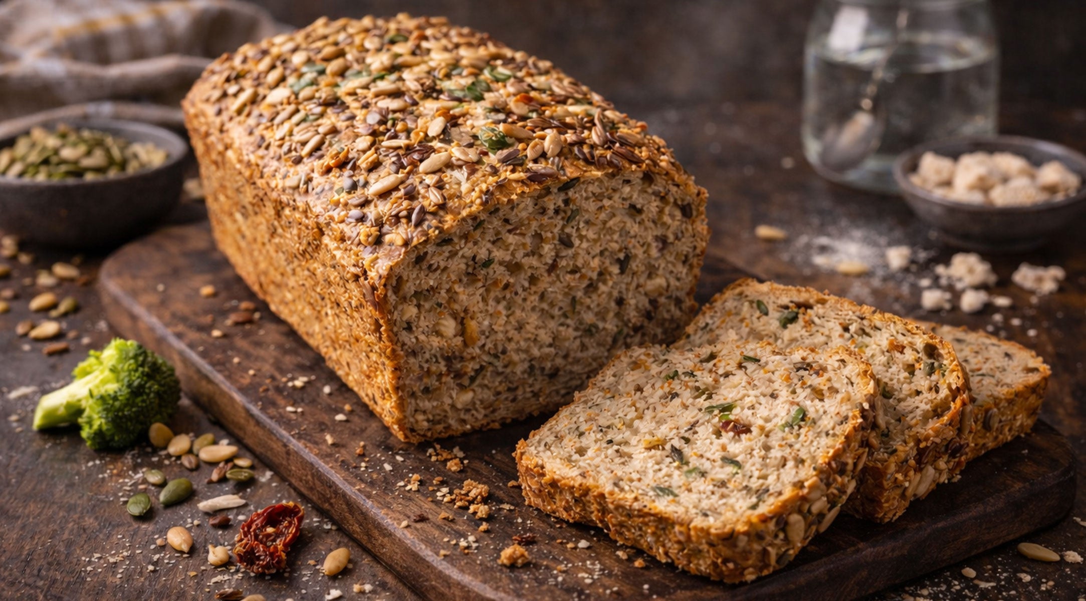 Frisch geschnittenes Mehrkornbrot auf einem Holzbrett, umgeben von Samen und Zutaten, die an Fisslers deutsche Küchentradition erinnern.