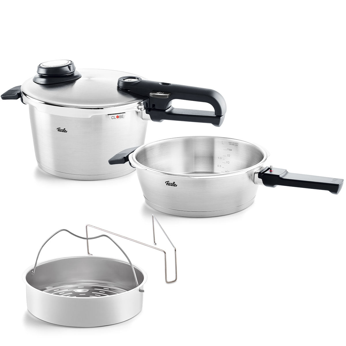 Fissler Vitavit® Premium Set: 2,5-Liter-Schnellkochtopf, 4,5-Liter-Kochtopf, Edelstahl, schwarze Deckel, mit Dampf- und Ablassvorrichtung auf weißem Hintergrund.