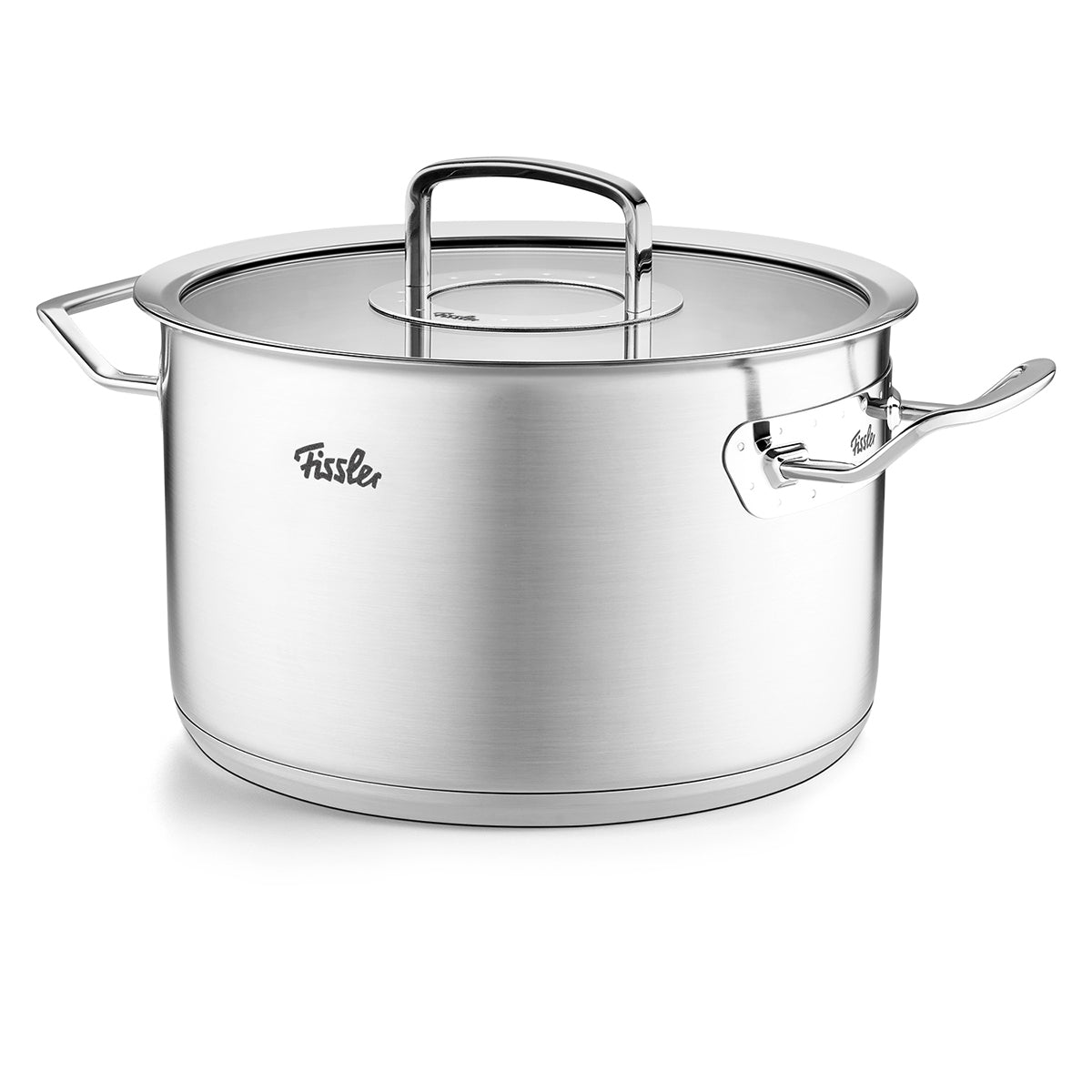 Fissler Original-Profi Collection® stainless steel pot with glass lid and metal handles, suitable for induction, on a white background.