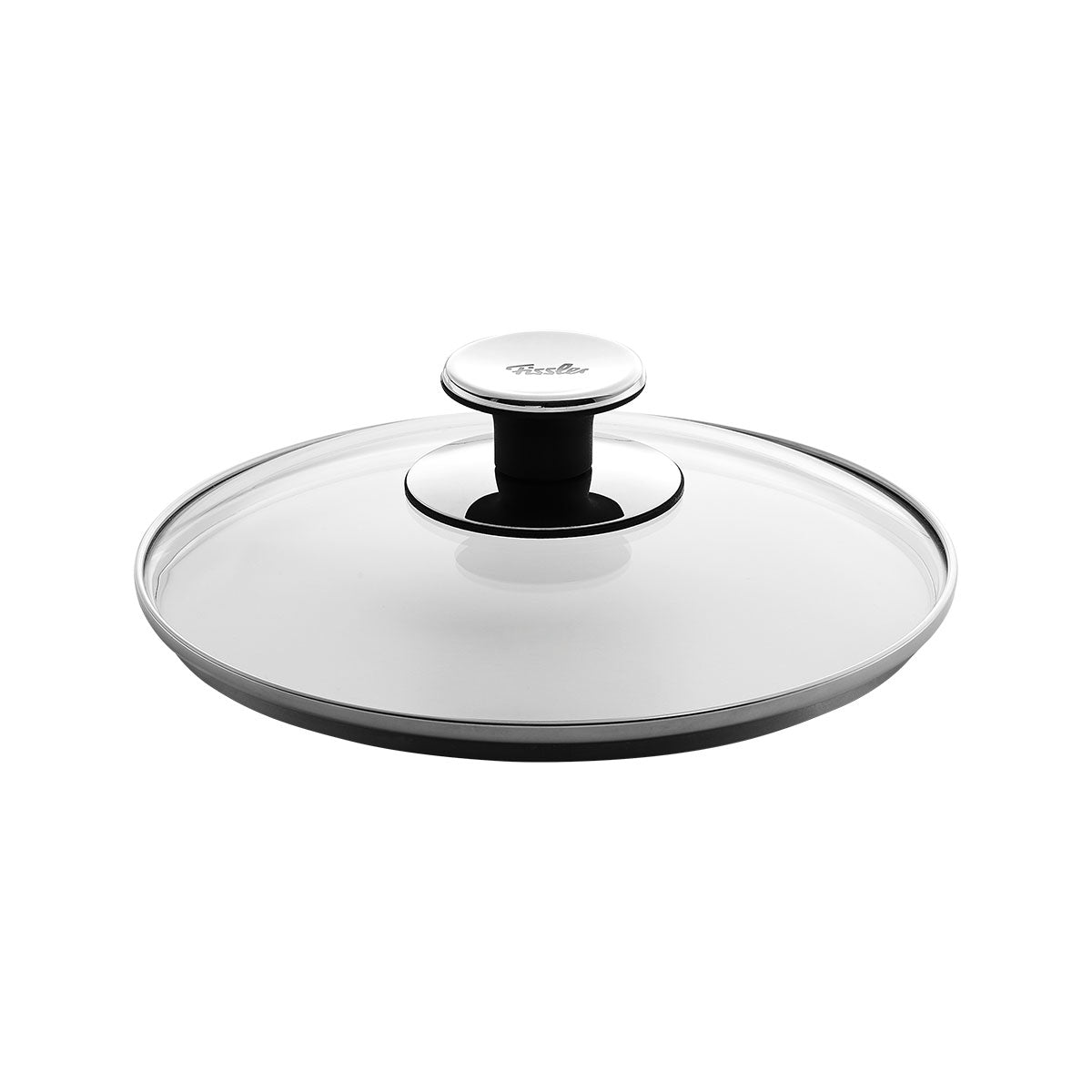 Fissler Glasdeckel: transparenter Glasdeckel mit Edelstahlrand, charakteristischer ergonomischer Knopf, passend für Fissler Pfannen, spülmaschinenfest.