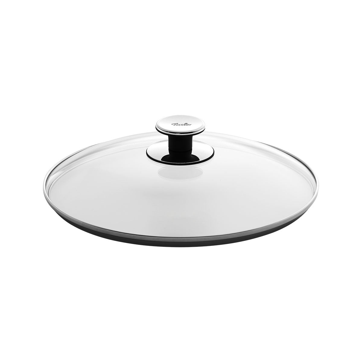 Fissler Glasdeckel: runder, transparenter Deckel mit schwarzem Knauf und Akzent aus Edelstahl. Spülmaschinenfest. Präzisionsfertigung in Deutschland.