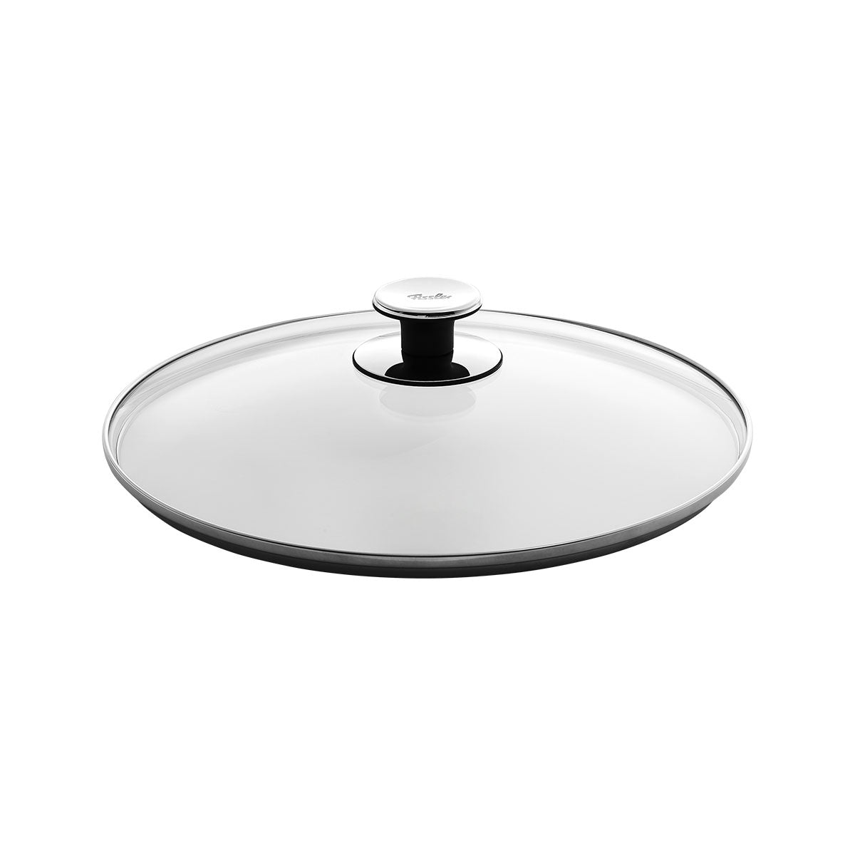 Fissler Glasdeckel: Präzisionsgefertigter, runder Glasdeckel mit schwarz-silbernem Griff, passend für Fissler Pfannen. Modern, langlebig.