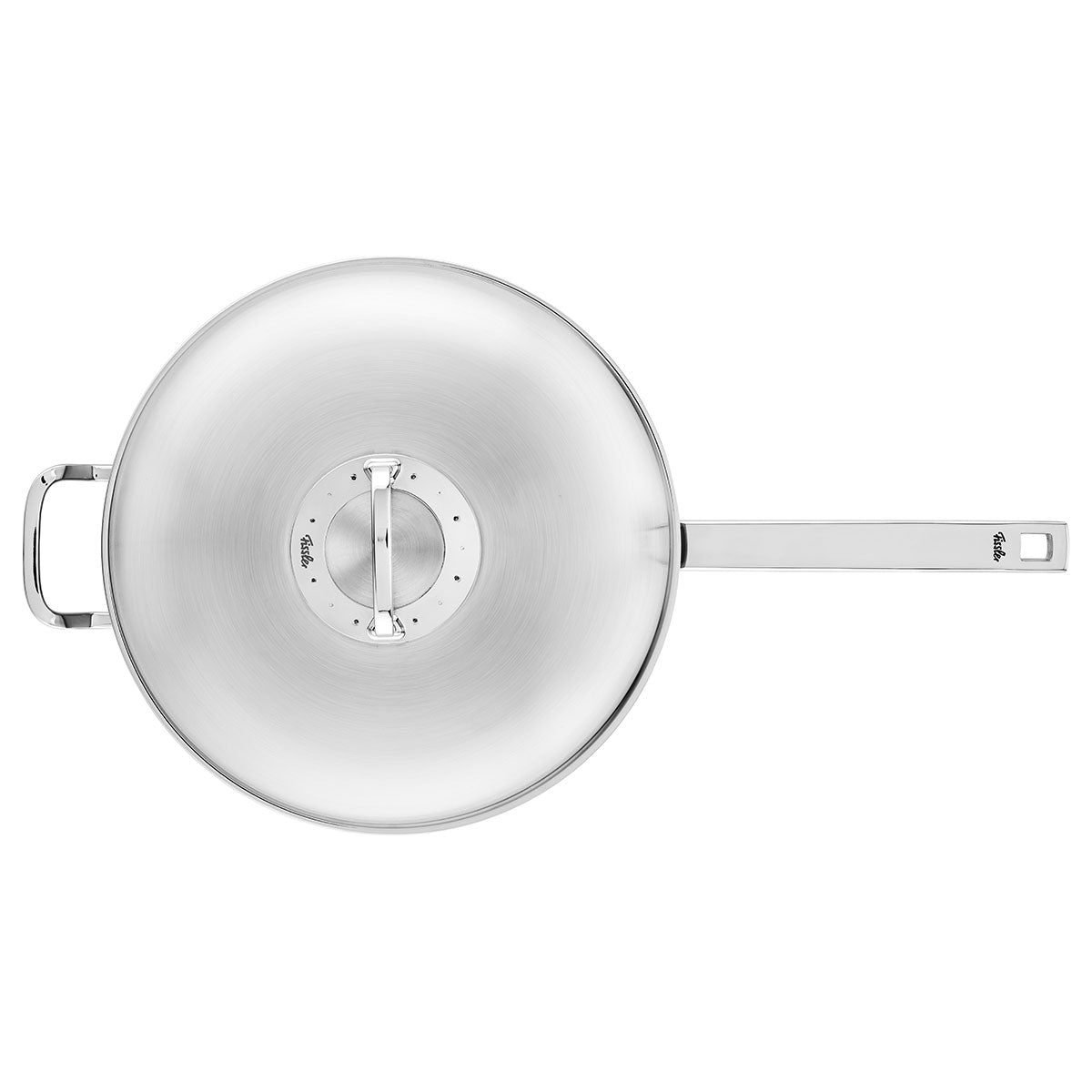 Fissler Original-Profi Collection® 32cm Stainless Steel Wok from above, domed lid, steam release button, double handles. Made in Germany.