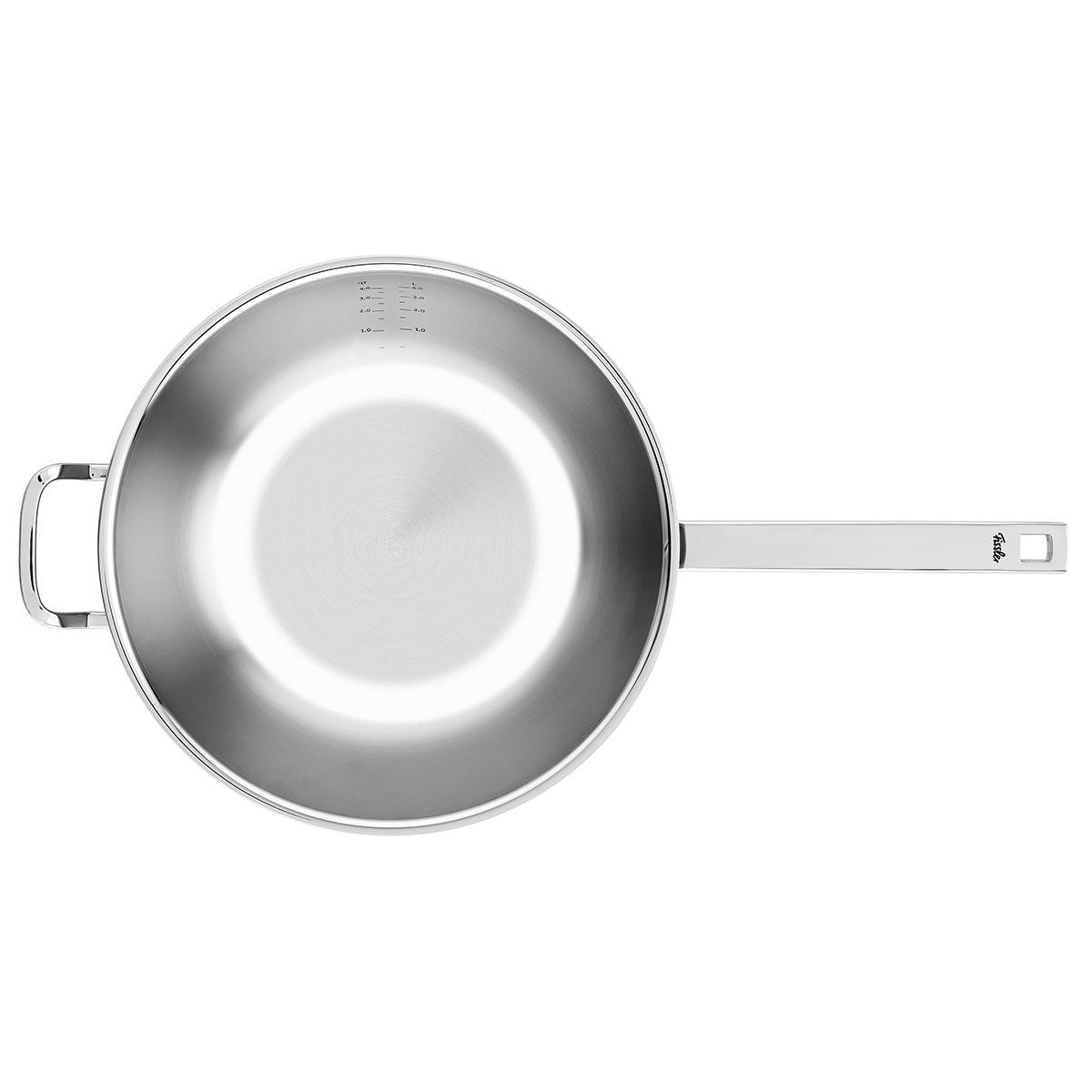 Top view of the Fissler Original-Profi Collection® wok, 32cm, made of stainless steel, with two handles and internal measuring marks.