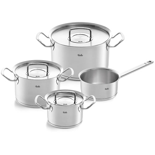 Fissler Original-Profi Collection® 4-piece stainless steel set, 3 pots with Lid and Saucepan, precision made in Germany on a white background.