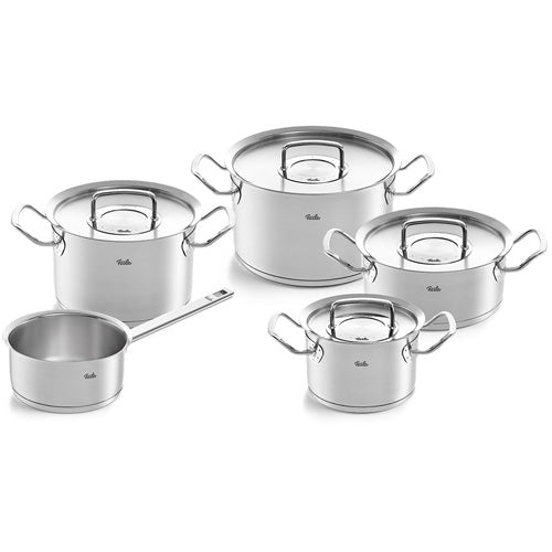 Fissler Original-Profi Collection® 5-piece Cookware Set made of stainless steel, precision-crafted in Germany, with metal lids and ergonomic handles.
