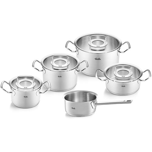 Fissler Original-Profi Collection® 5-teiliges Edelstahlset: vier Deckeltöpfe, eine Stielkasserolle, polierte Oberfläche - langlebige deutsche Qualität.