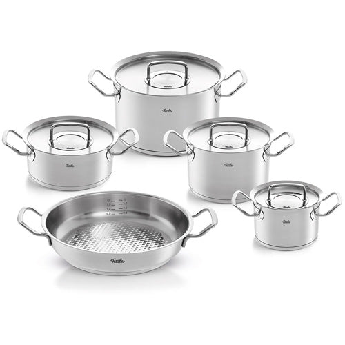 Experience Fissler quality: Original-Profi Collection® 5-piece set, pots and Frying Pan in stainless steel, crafted in Germany, on white.