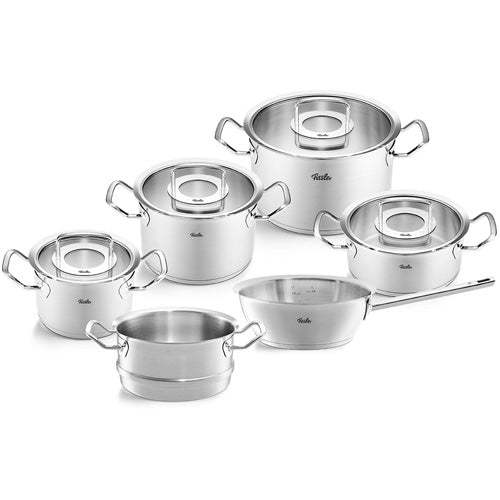 Fissler Original-Profi Collection® 6-piece set: four pots with glass lids, steamer insert, saucepan - timeless German stainless steel.