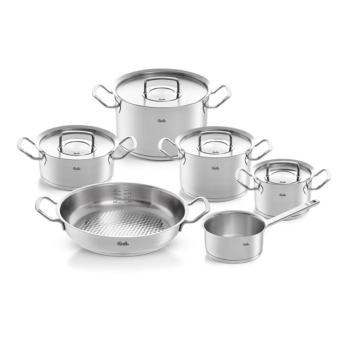 Fissler Original-Profi Collection® 5-Piece Set: high-quality, durable stainless steel cookware with classic-modern German design.