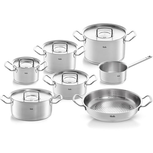 Fissler Original-Profi Collection® 7-teiliges Set aus Töpfen, Pfannen und Deckeln aus Edelstahl auf Weiß - seit 1845 in Deutschland hergestellt.
