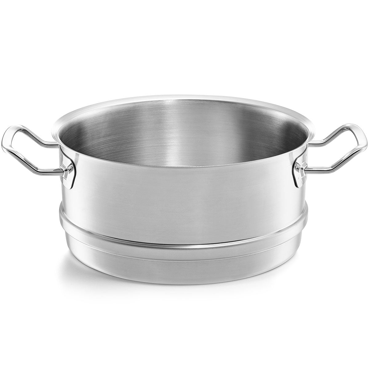 Fissler Original-Profi Collection® Dämpfeinsatz mit breitem, flachem Edelstahltopf und seitlichen Griffen auf weißem Grund.