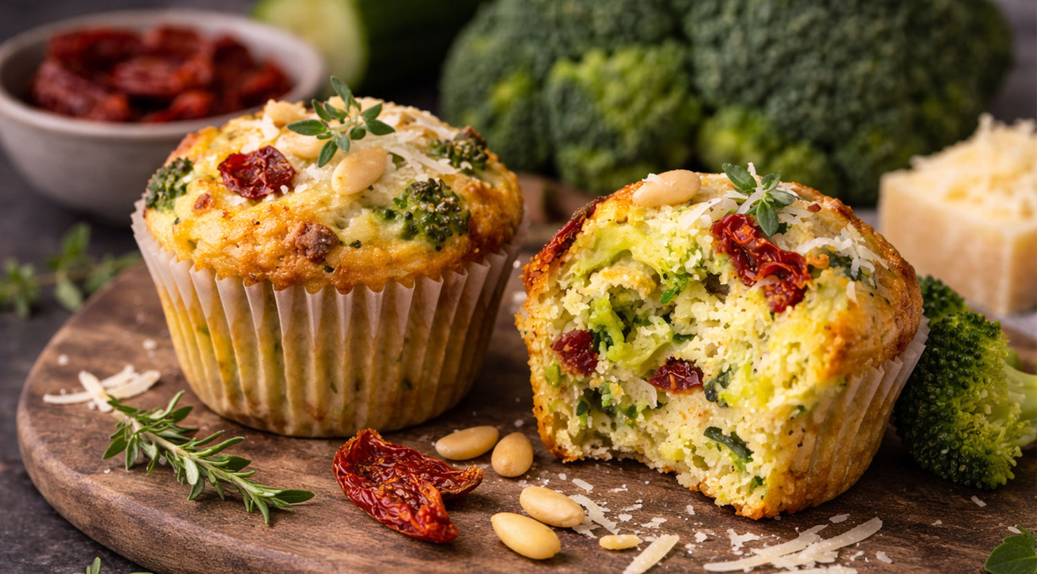 Zwei herzhafte Muffins mit Brokkoli, sonnengetrockneten Tomaten und Kräutern liegen auf einem Holzbrett - präzise gebacken im Fissler-Kochgeschirr.