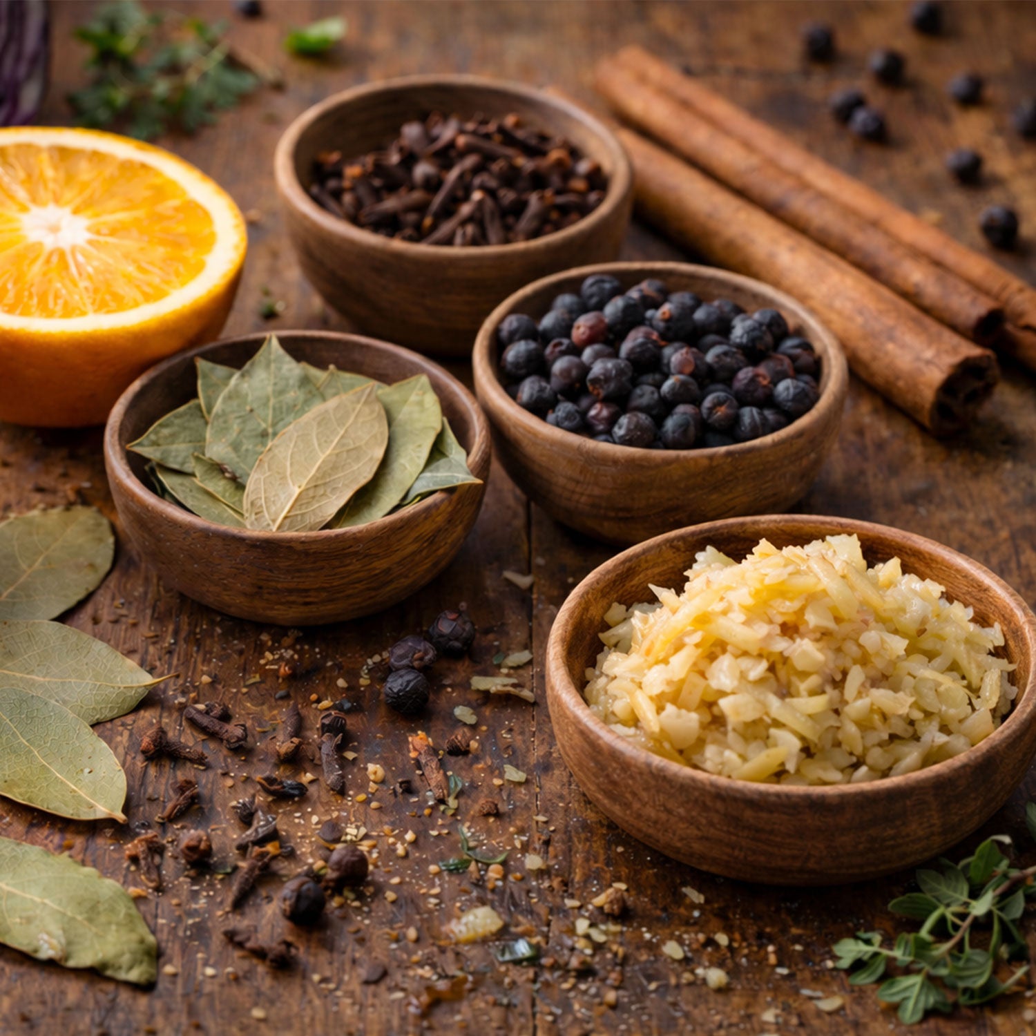 Spices and oranges are artfully arranged on a wooden table, ready for use with Fissler's precision-crafted cookware.