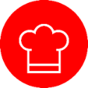 A refined white chef hat icon, embodying Fissler’s tradition of precision and quality, is elegantly centered on a red circular background—reflecting the timeless German design behind our renowned stainless steel cookware and kitchen accessories.