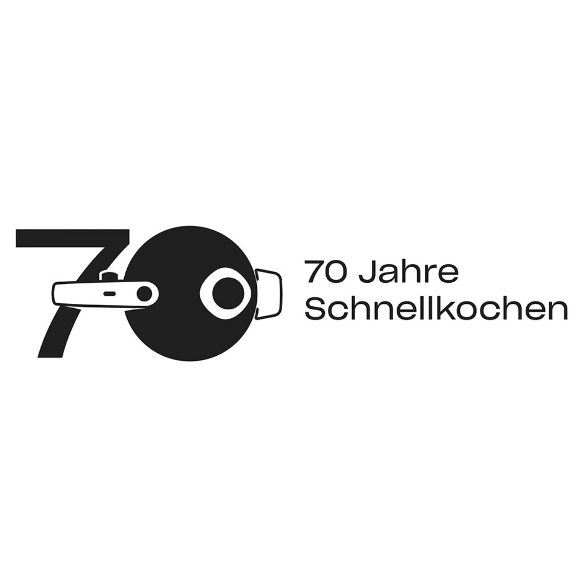 Schwarz-Weiß-Grafik: große 70, die 0 wie ein Fissler-Schnellkochtopf. Text rechts: "70 Jahre Schnellkochen" - 70 Jahre Innovation.