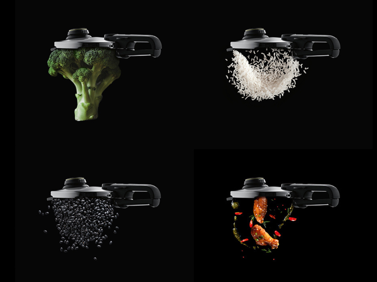 Vier Fissler-Schnellkochtopf-Deckel öffnen sich und geben den Blick auf frischen Brokkoli, Reis, schwarze Bohnen und ein schmackhaftes Gemüsegericht auf schwarzem Hintergrund frei.