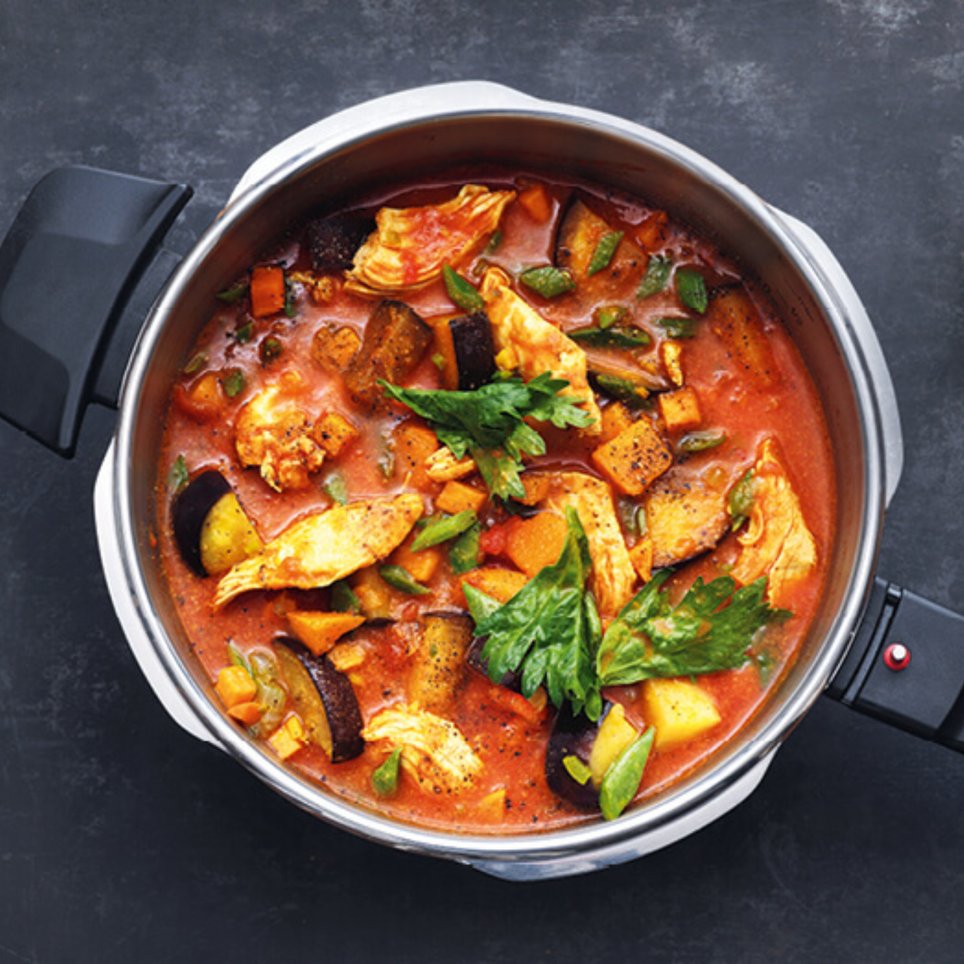 Fissler Edelstahltopf mit farbenfrohem Gemüseeintopf und Hähnchen, der hochwertige deutsche Handwerkskunst auf einer dunklen Oberfläche präsentiert.