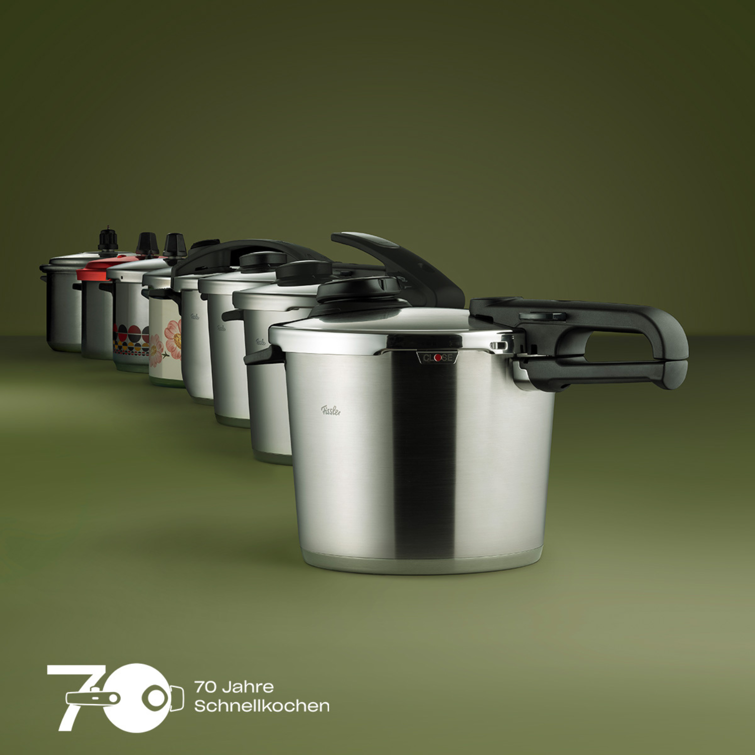 Fissler pressure cookers, from classic to modern design, on green. Text "70 Years of Pressure Cooking" and 70 Years logo in the corner.