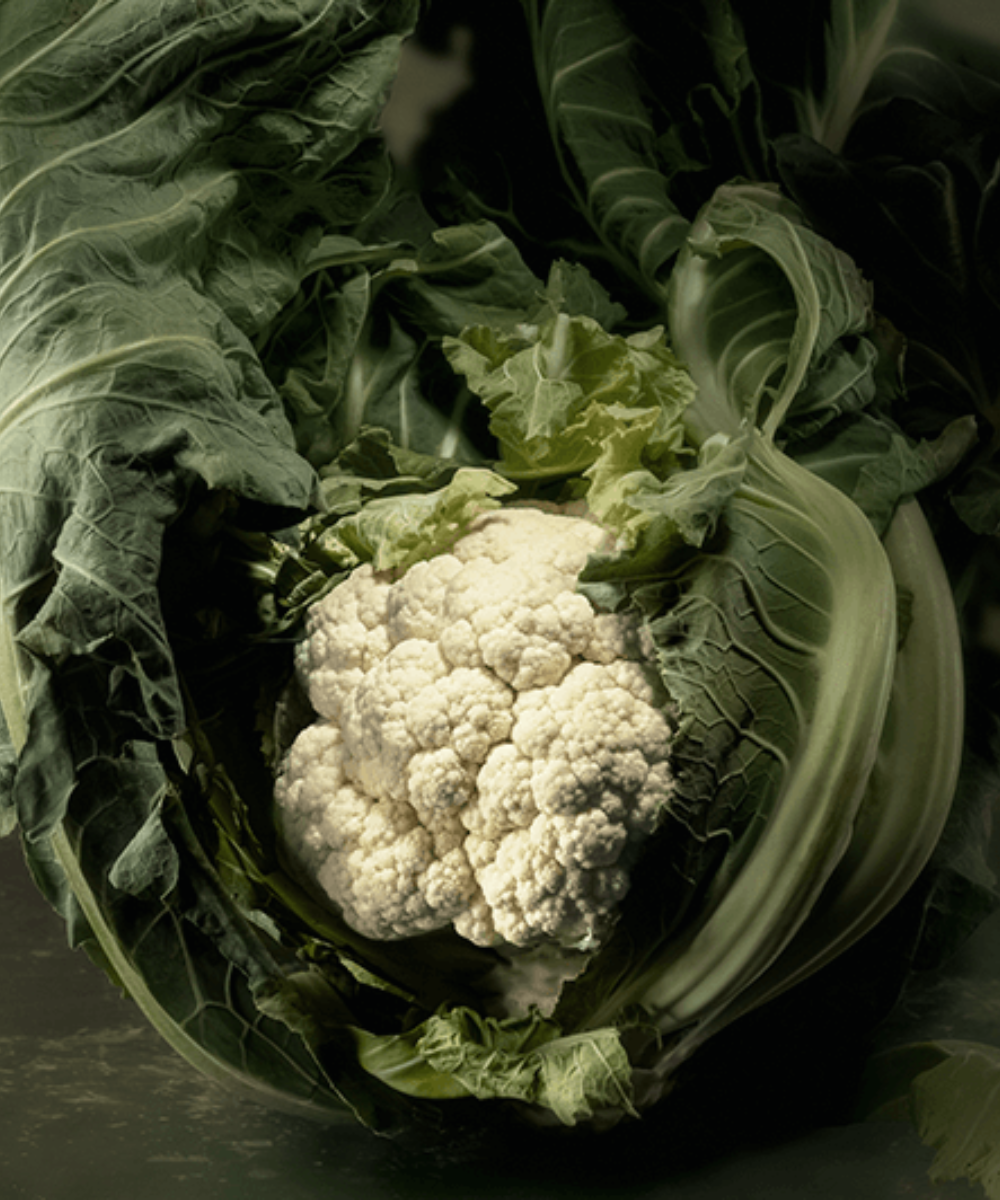 Eine close-up of fresh cauliflower with dark green leaves, ready for precise preparation in Fissler's German Premium Cookware.