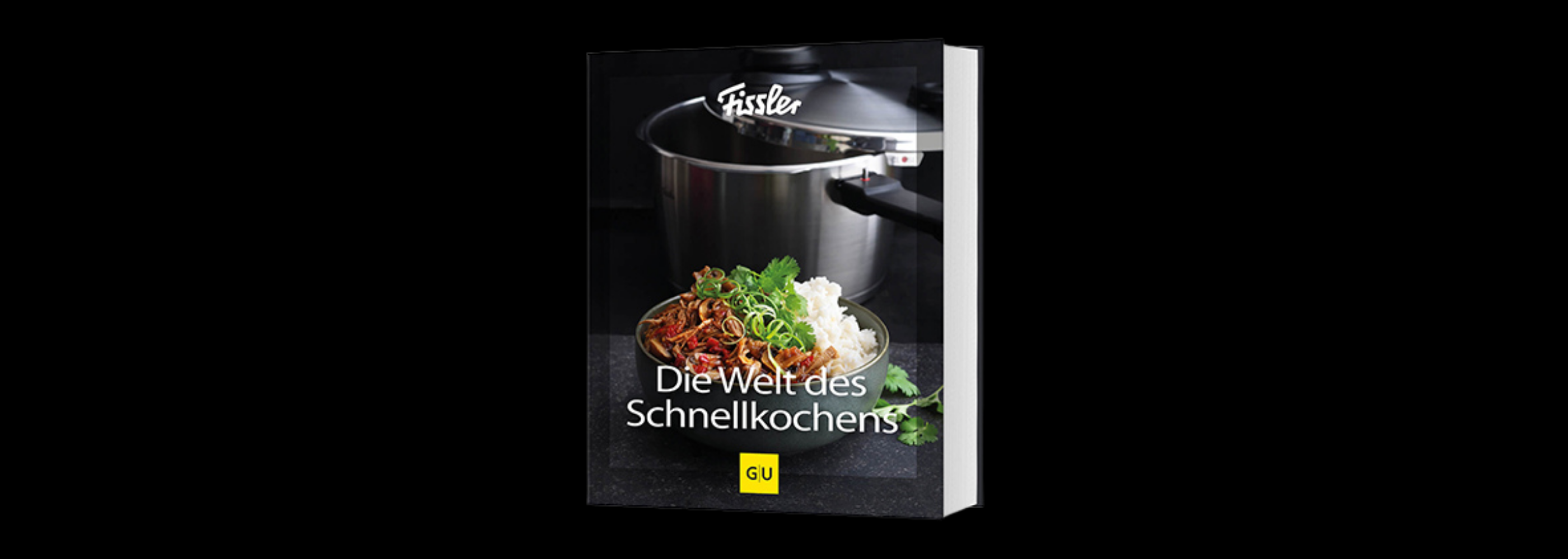 Die Welt des Schnellkochens Kochbuch mit hochwertigem Fissler Schnellkochtopf und lebendigem Gericht aus Reis, Gemüse und Kräutern auf dem Cover.