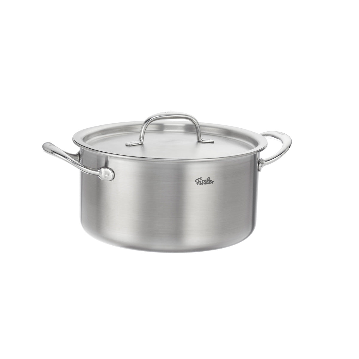 Das Fissler M5 Pro-Ply® 4-teilige Set mit Metalldeckel präsentiert sich aus hochwertigem, recyceltem Edelstahl auf weißem Hintergrund. Die induktionsgeeigneten Töpfe verbinden deutsche Präzisionsarbeit mit langlebigem, zeitlosem Design und sind mit ergonomisch geformten Griffen für komfortables Kochen ausgestattet.