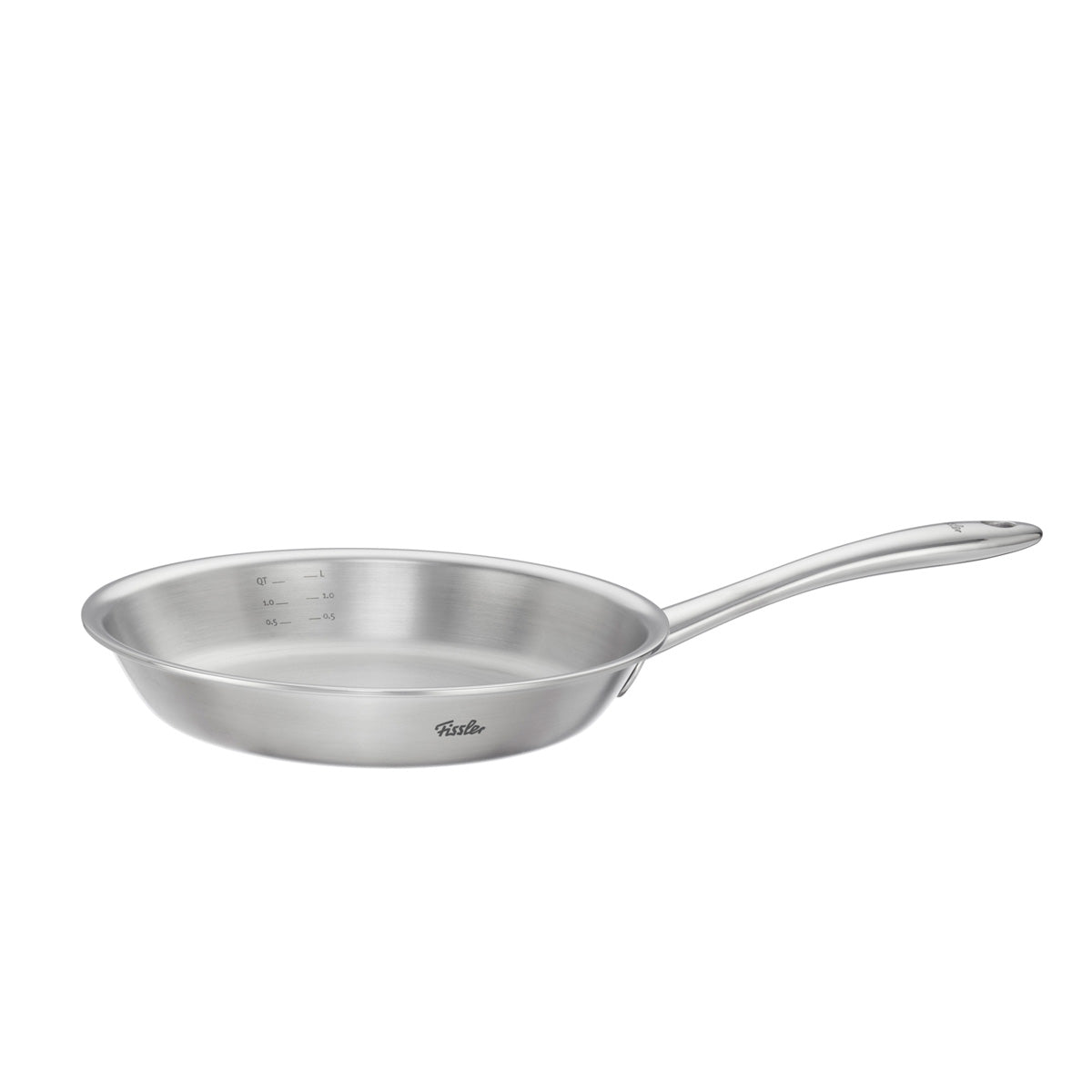 The Fissler M5 Pro-Ply® 3-piece set frying pan, featuring a long ergonomic handle and a premium metal lid, is elegantly presented on a white background. Expertly crafted in Germany from recycled stainless steel, this high-quality pan showcases precision engineering with interior measurement markings and an induction-compatible base—reflecting Fissler’s commitment to timeless design, durability, and innovative cookware.