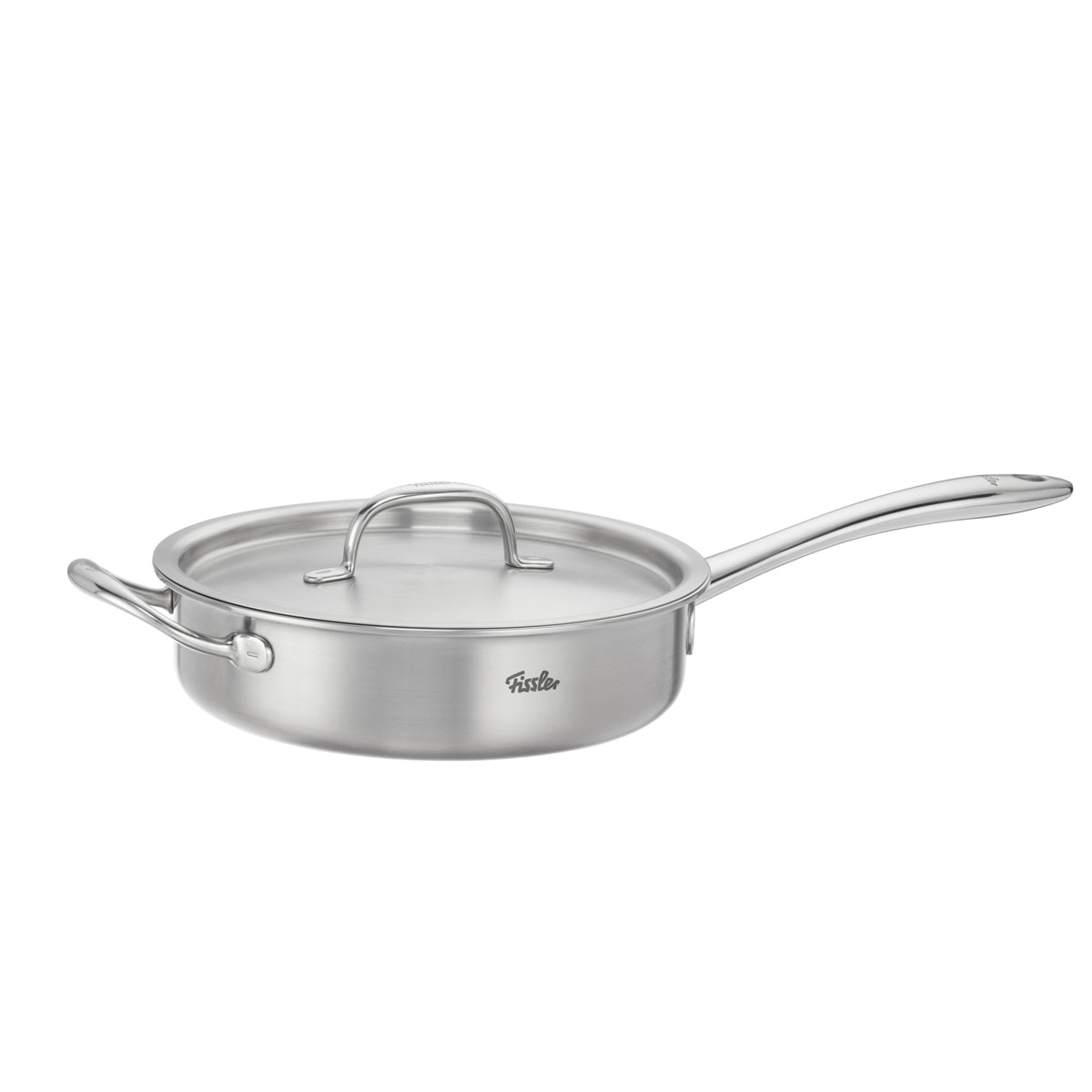 The Fissler M5 Pro-Ply® Sautépan with metal lid, featuring a signature long handle and complementary short helper handle, is displayed on a white background. Expertly crafted in Germany from recycled stainless steel, this high-quality pan embodies Fissler’s commitment to precision engineering and timeless design. Ideal for induction cooking and dishwasher-safe for effortless maintenance.