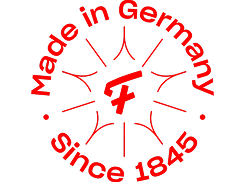 Der kreisförmige rote Text "Made in Germany Since 1845" umgibt das Fissler-Emblem auf hellgrauem Hintergrund.