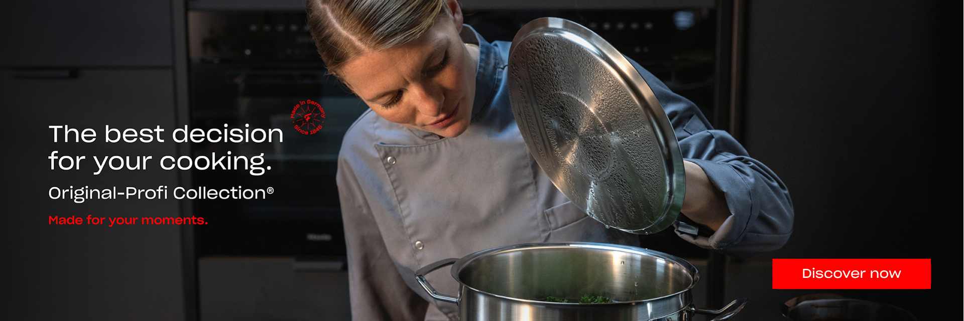 A chef in a gray uniform lifts the lid from a premium Fissler stainless steel pot from the Original-Profi Collection in a sleek, modern kitchen. Precision engineering and timeless German design are showcased, alongside text promoting the collection and a red "Discover now" button.