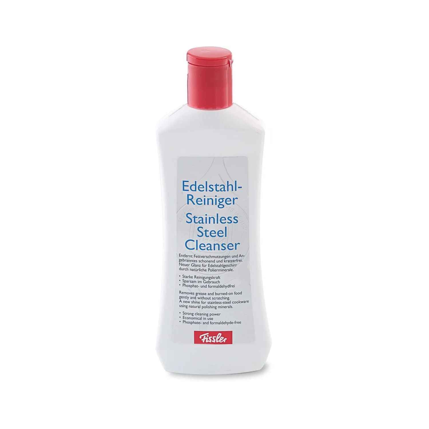 Weiße Fissler Edelstahl-Reinigungsflasche mit rotem Deckel zur Pflege von hochwertigem deutschem Edelstahl-Kochgeschirr und Zubehör.