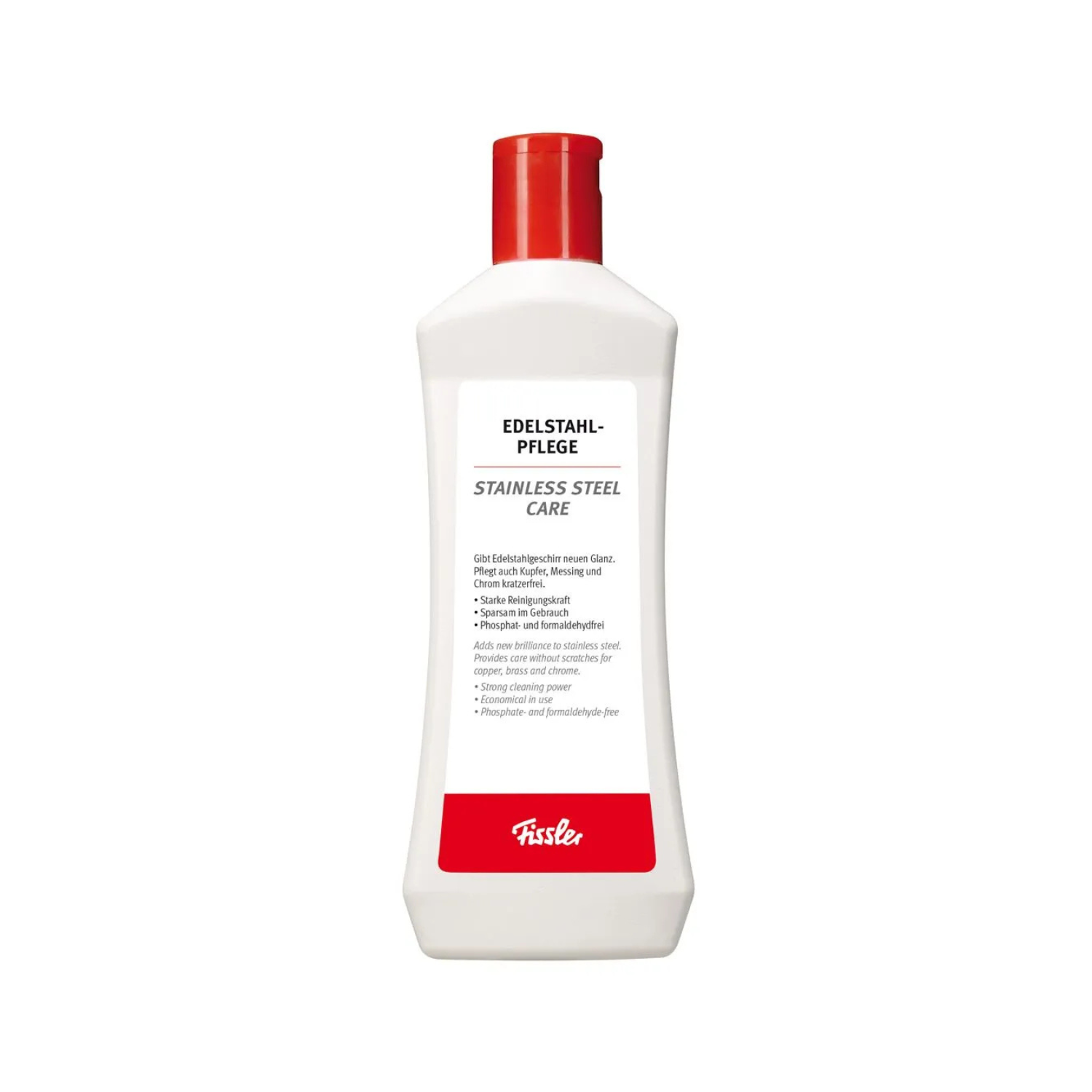 Eine weiße Flasche mit rotem Verschluss mit der Aufschrift Fissler Edelstahl-Pflege, Premium-Reiniger für die Pflege von Fissler-Edelstahl-Kochgeschirr.
