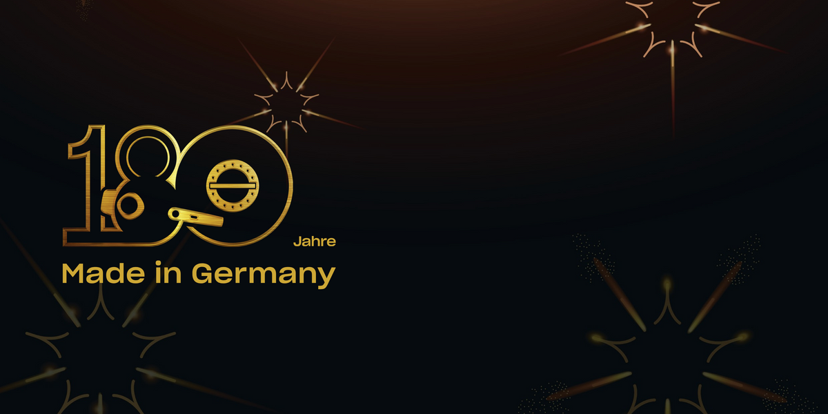 Der goldene Text auf dunklem Hintergrund lautet "180 Jahre Made in Germany" und steht für 180 Jahre innovatives deutsches Kochgeschirr von Fissler.