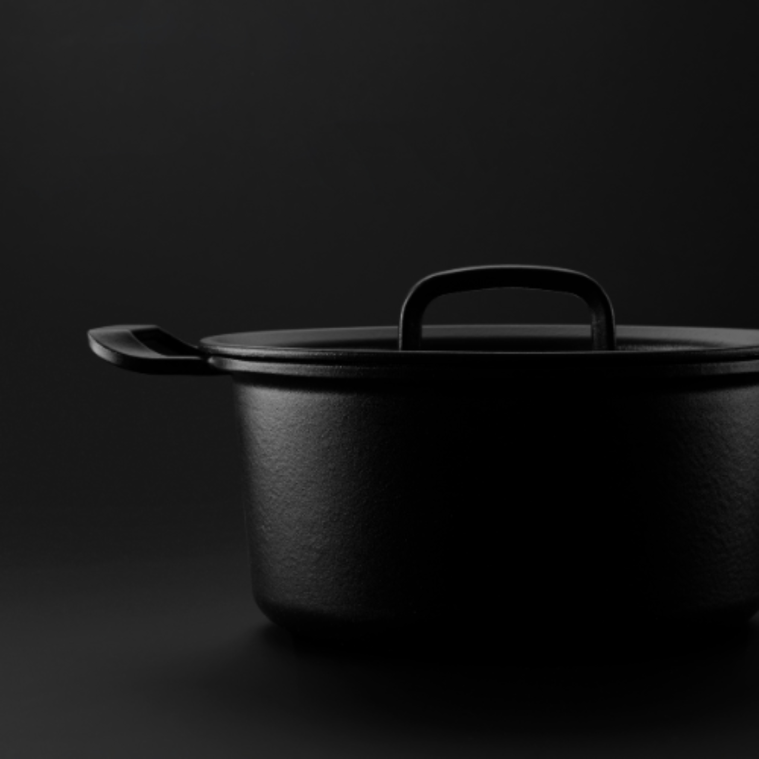 A high-quality Fissler cast iron pot with lid and two handles, presented in dramatic lighting, reflecting timeless German design.