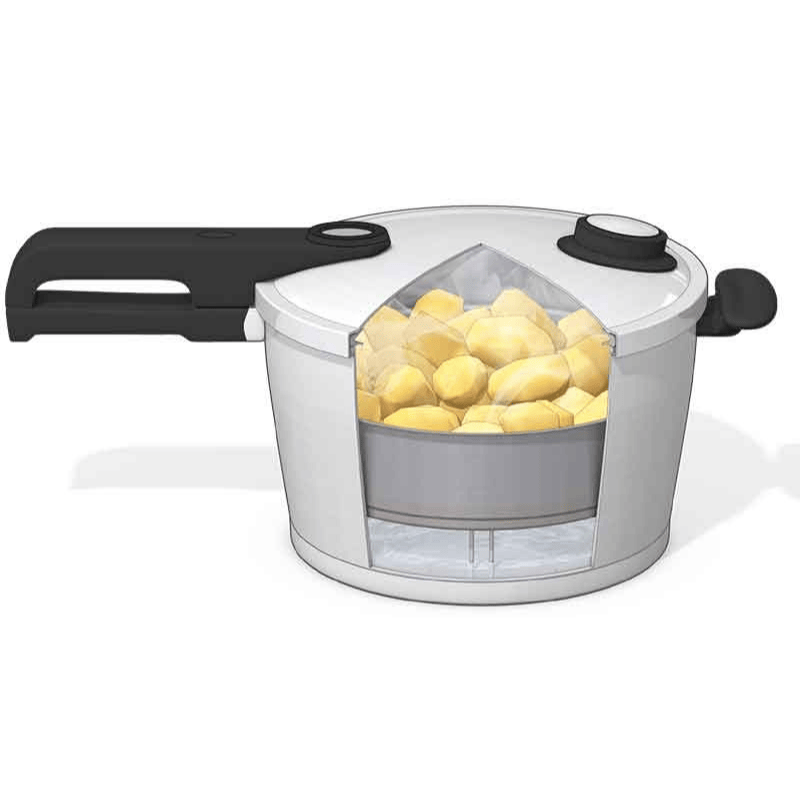 Illustration of a Fissler pressure cooker with a cutaway, showing chopped potatoes in a steam basket above water, demonstrating German engineering.