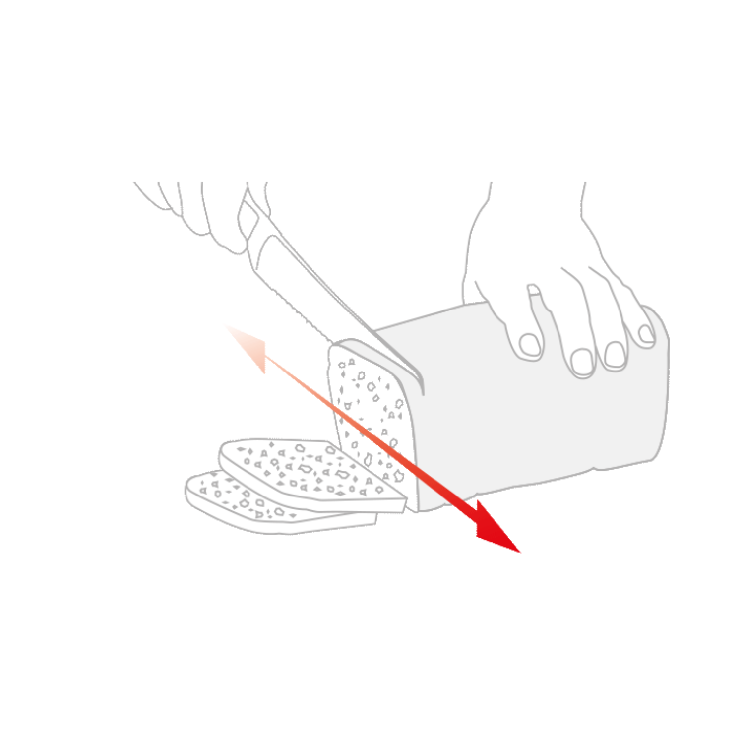 A hand cuts a loaf of bread with a Fissler knife, with red and orange arrows indicating a precise, diagonal cutting motion.