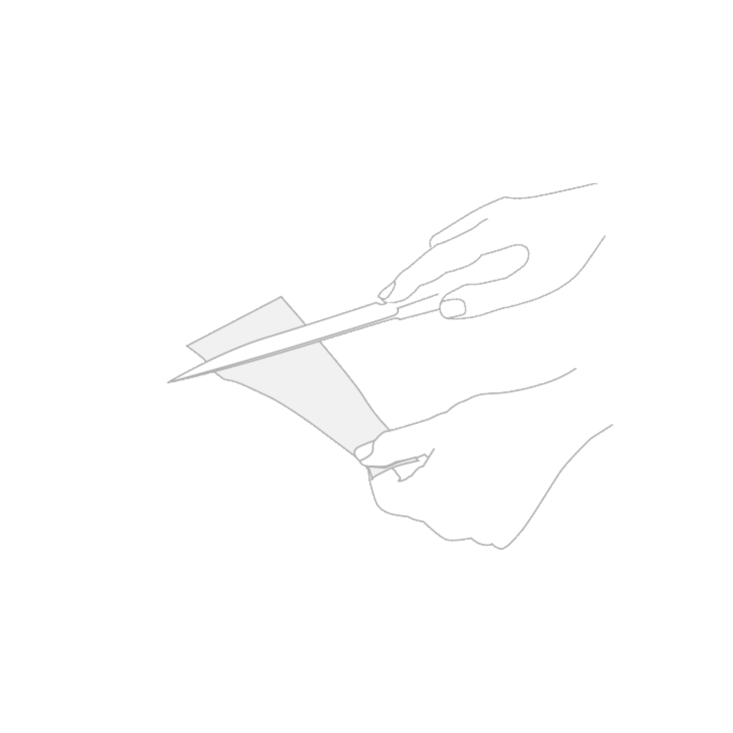 A precise line drawing of two hands skillfully cutting paper with high-quality Fissler scissors - a symbol of German engineering.