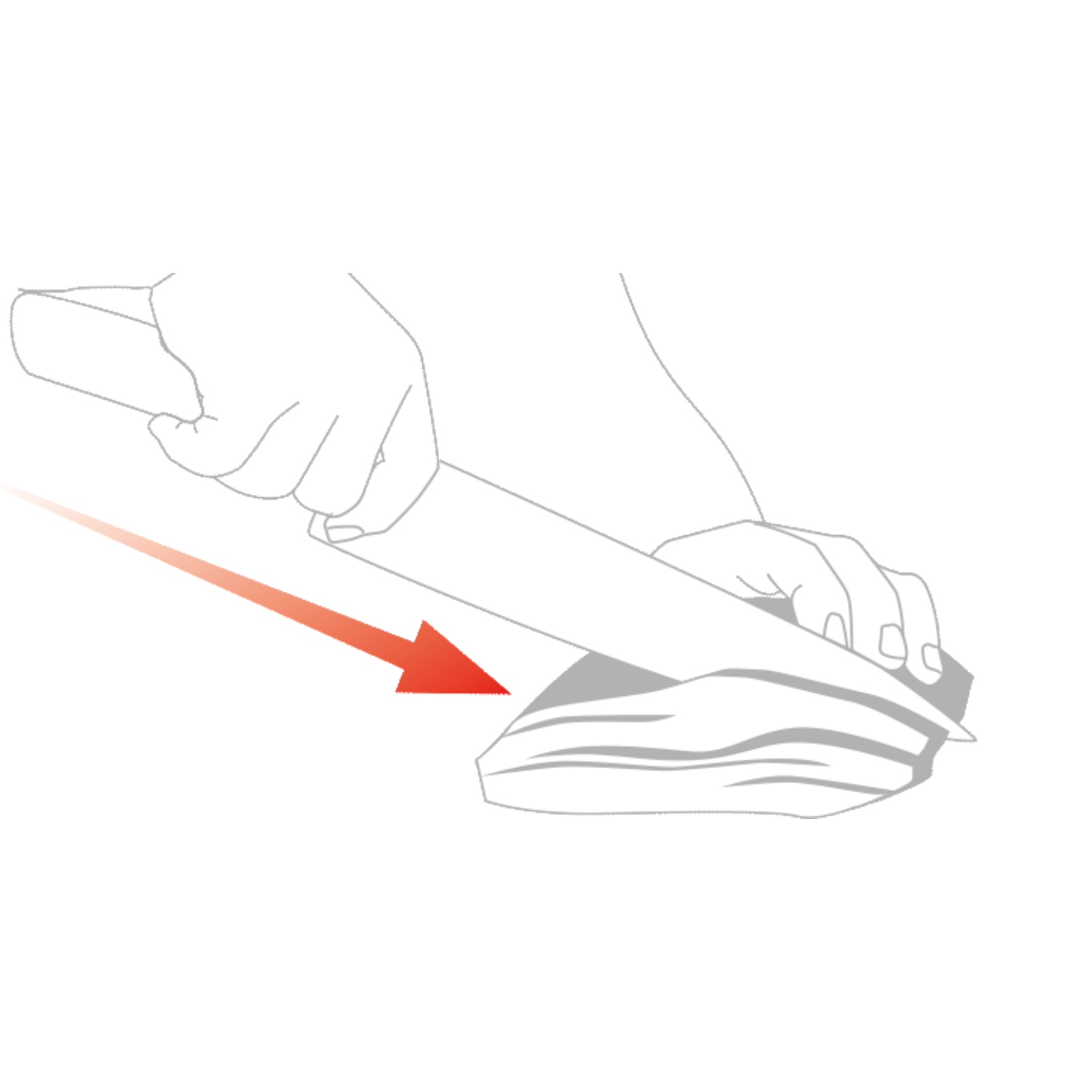 Skilled hands slice meat on a cutting board with a Fissler knife; a red arrow indicates the precise cutting direction.
