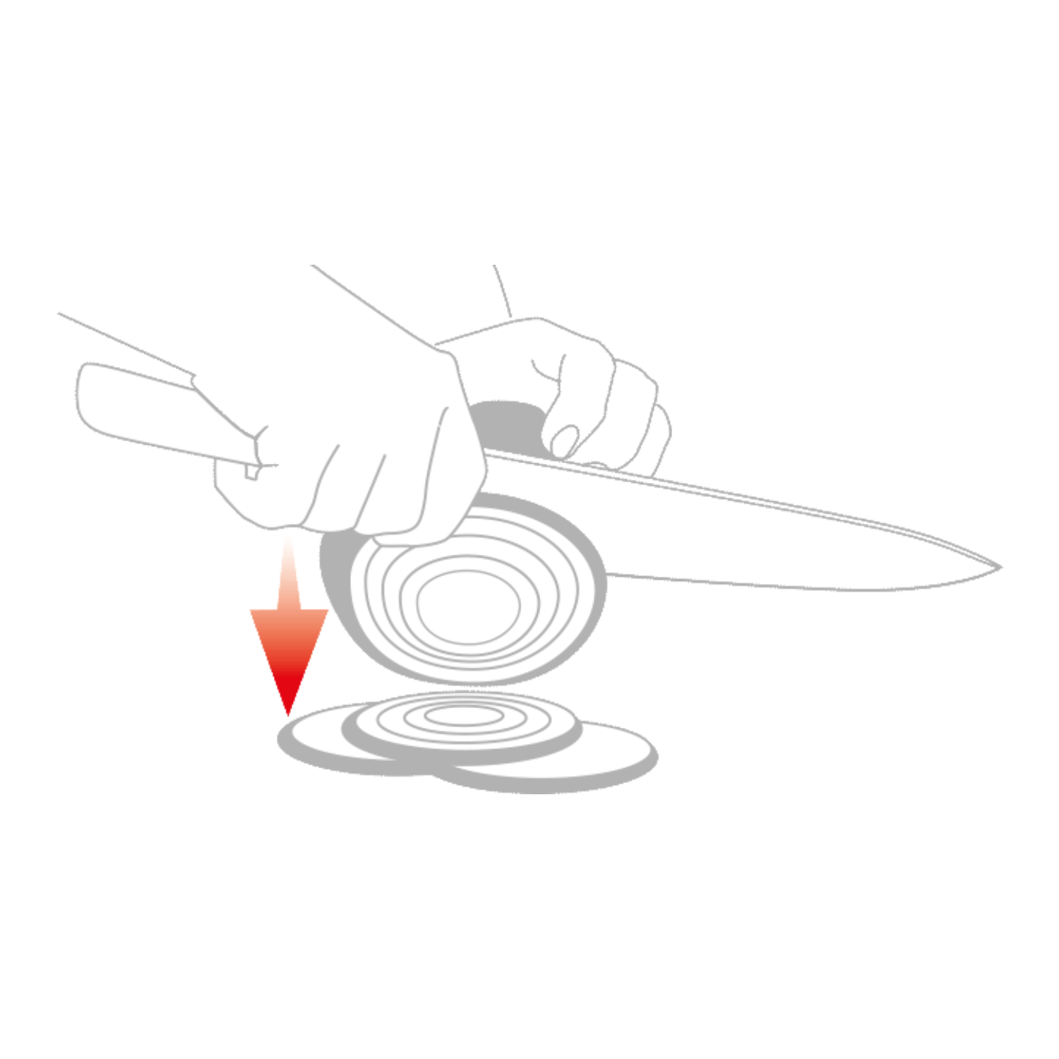 Precision drawing shows hands expertly slicing an onion with a Fissler knife - arrow indicates motion; even slices lie on the surface.