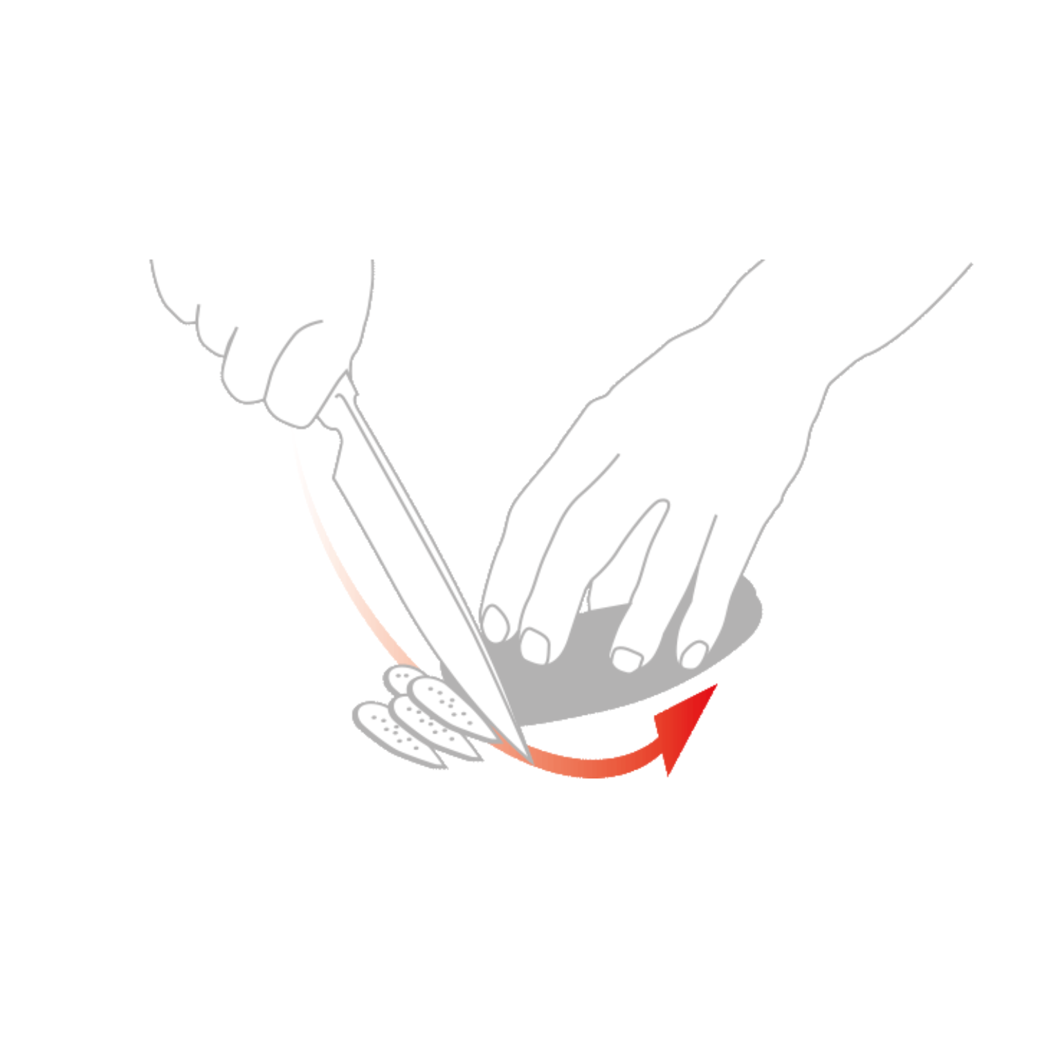 Precision line drawing of a hand cutting food with a Fissler knife, holding it with the other hand; red arrow indicates the curved cutting motion.