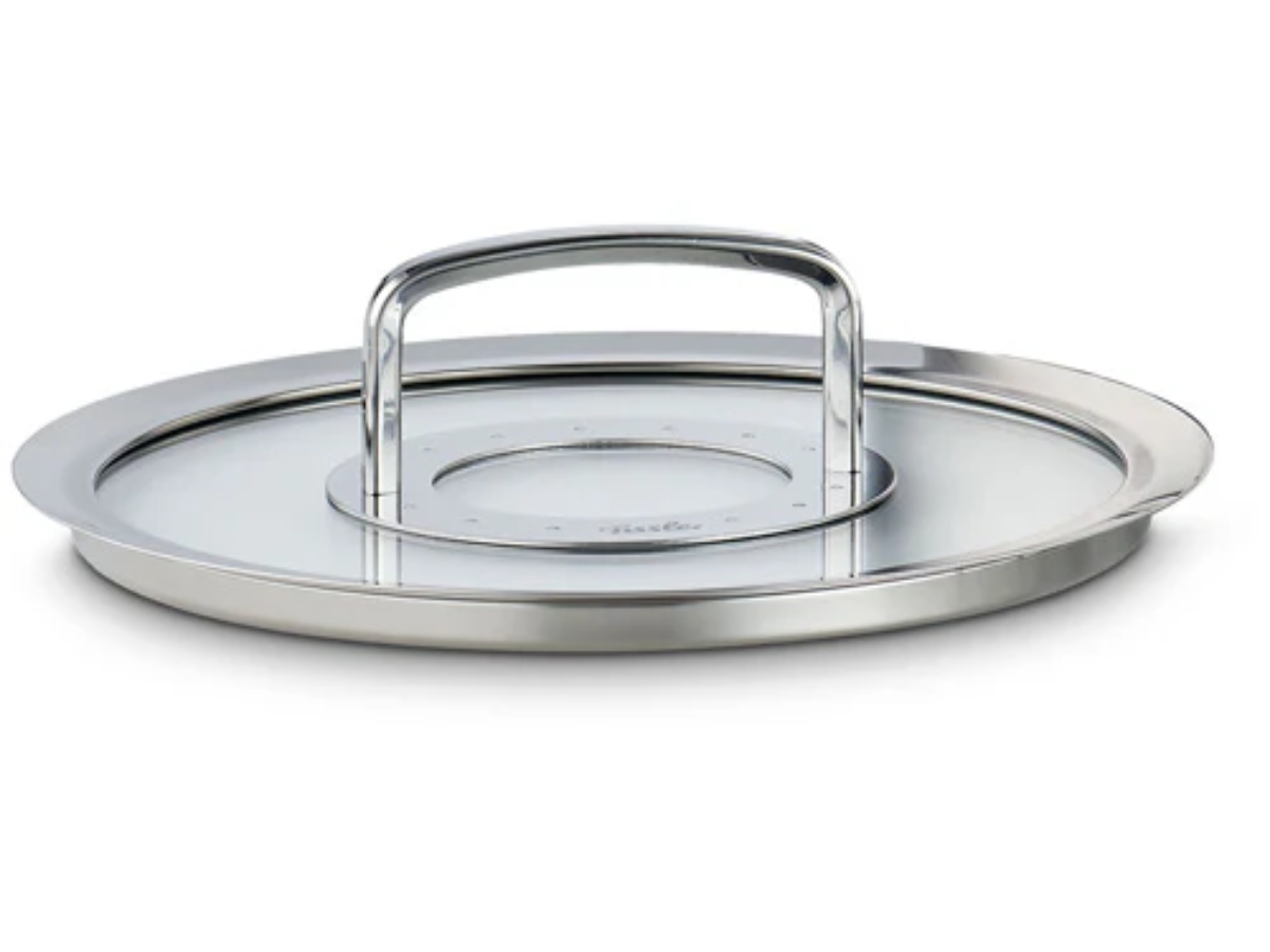 Fissler stainless steel pot lid with a distinctive rectangular handle, precisely made in Germany. Polished surface and elegant rim.