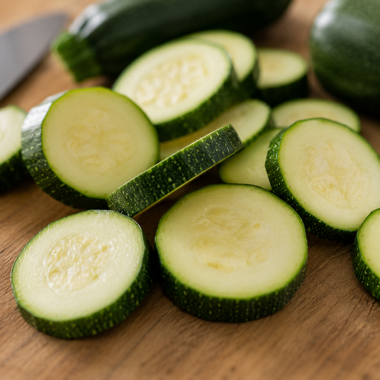 Frisch geschnittene Zucchini, angerichtet auf einem Holzschneidebrett, flankiert von einem hochwertigen Fissler-Küchenmesser aus Edelstahl und ganzen Zucchini im Hintergrund – ein Beispiel für Fisslers Engagement für hochwertiges Kochgeschirr und zeitloses deutsches Design.