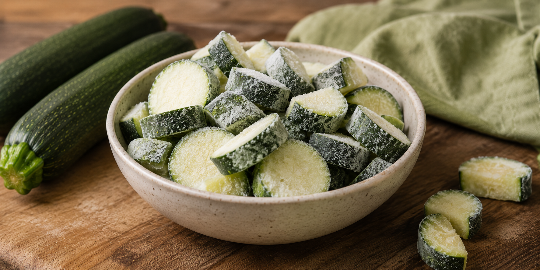 Auf einem Holztisch steht eine Schüssel mit gefrorenen Zucchinischeiben, daneben liegen zwei frische Zucchini, und im Hintergrund ist ein grünes Tuch zu sehen. Diese Kulisse spiegelt Fisslers Engagement für Qualität, zeitloses Design und Innovation wider – eine perfekte Küchenszene für die Zubereitung frischer Zutaten mit unserem präzise gefertigten Kochgeschirr.